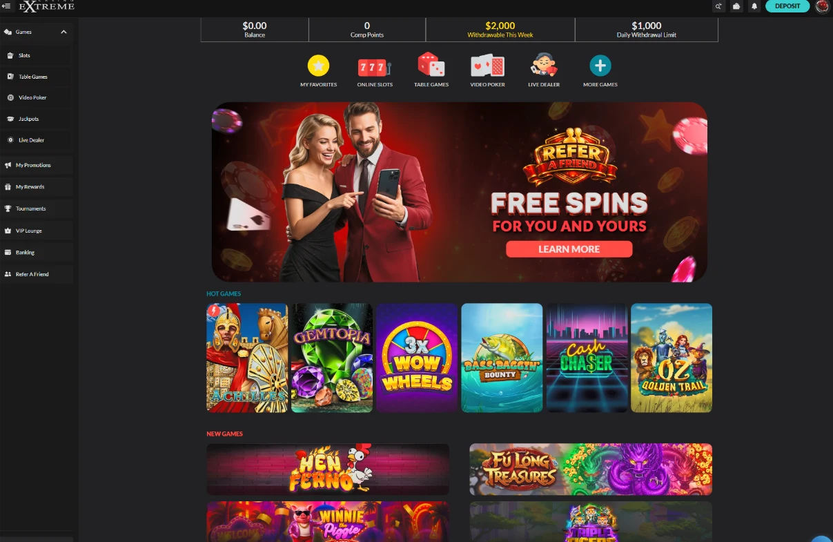 Casino Extreme games lobby with slots, table games, video poker and live dealer categories
