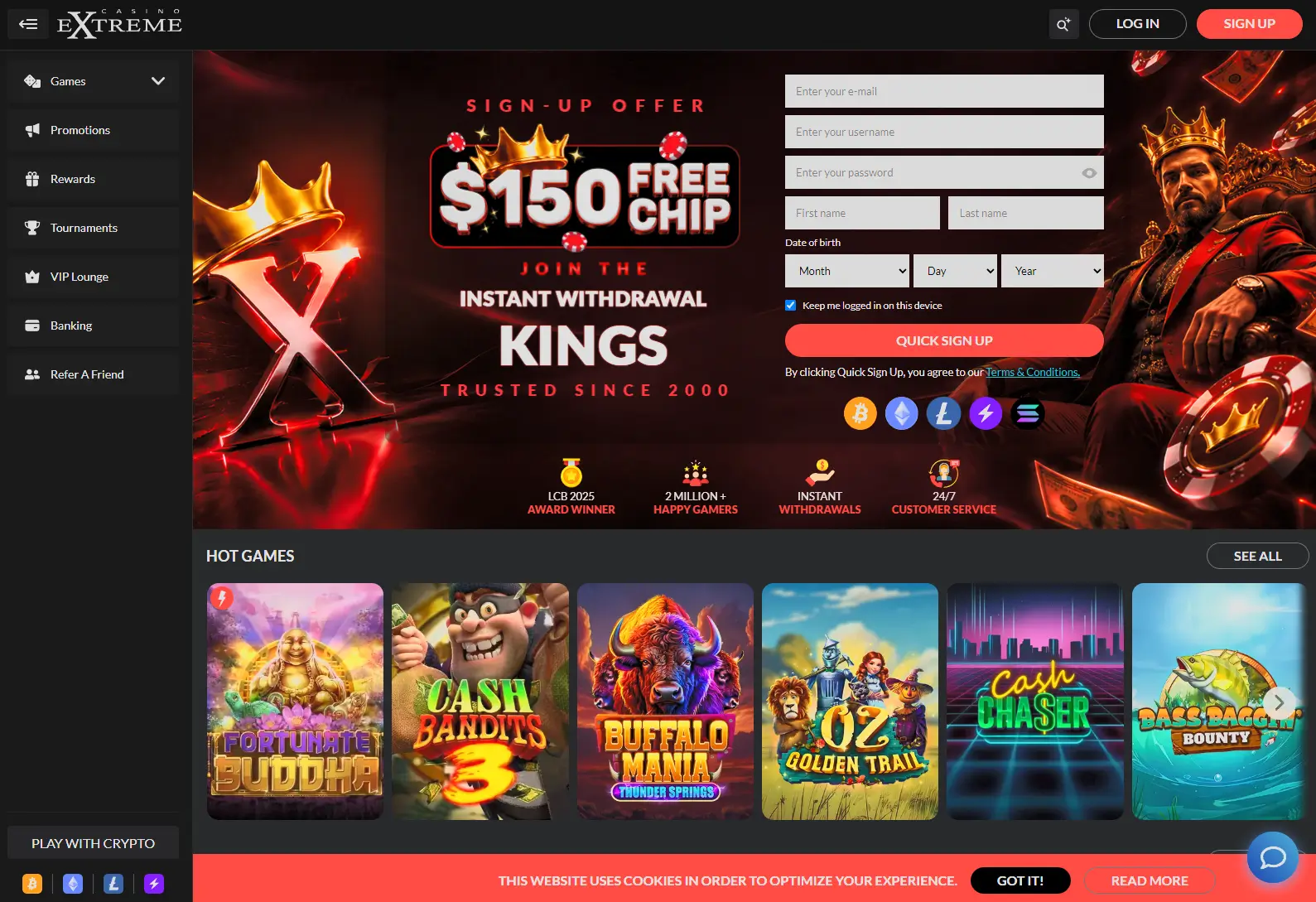 Casino Extreme homepage with the welcome offer and slot games