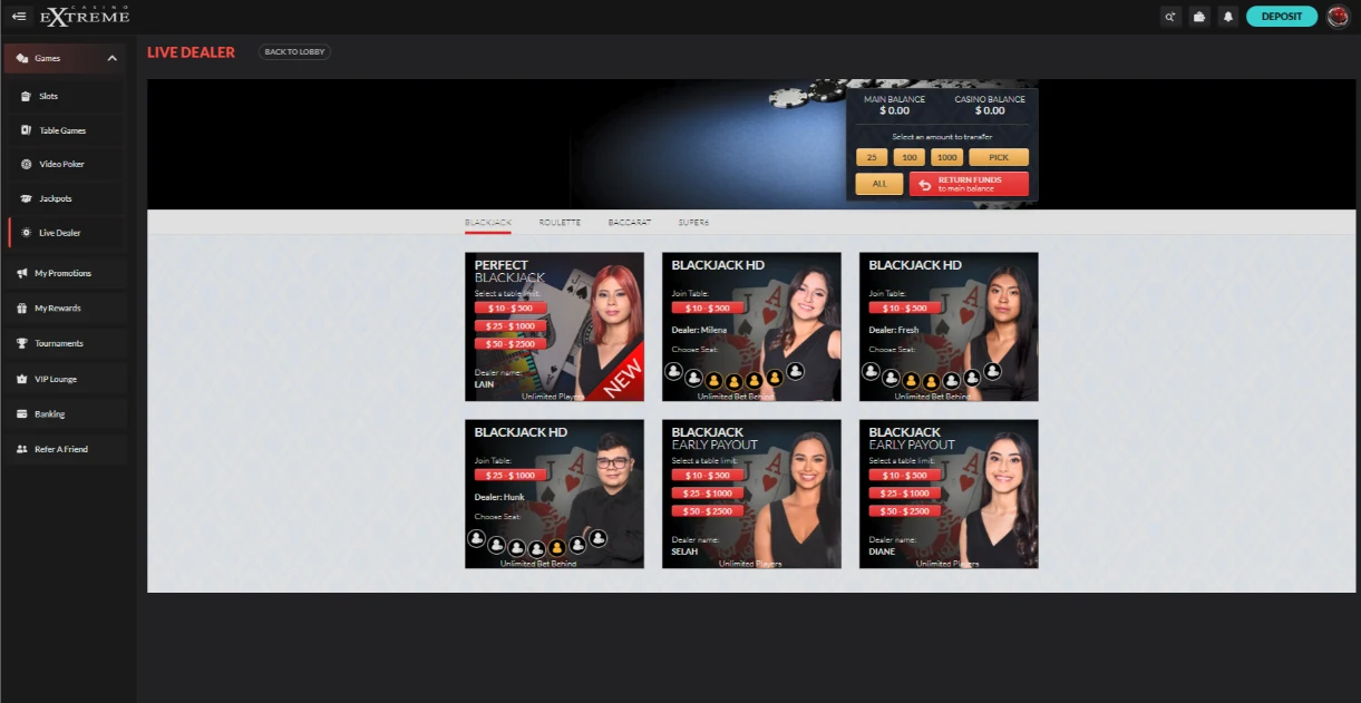 Casino Extreme live casino with Blackjack HD and early payout tables