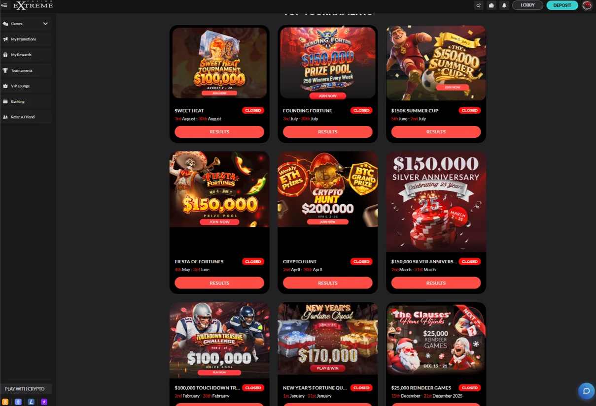 Casino Extreme completed slot tournaments and results