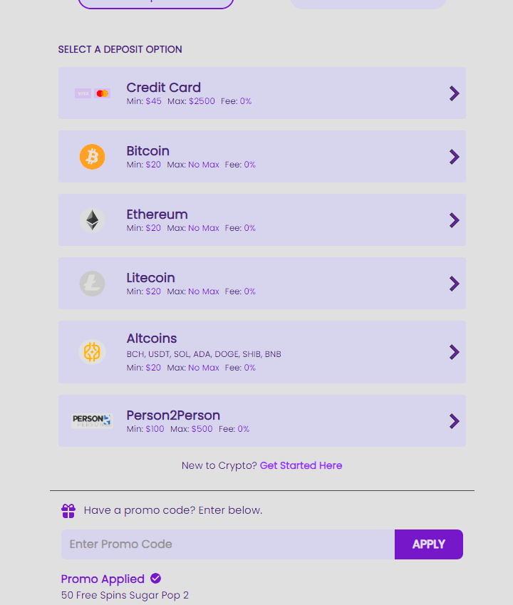 Love2Play cashier showing deposit options and a promo code applied