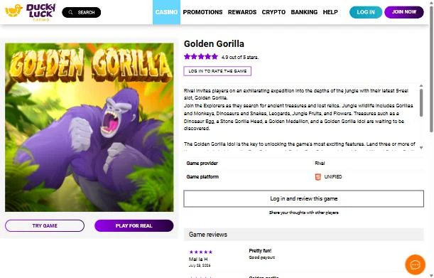 Golden Gorilla game page at DuckyLuck, credited to Rival