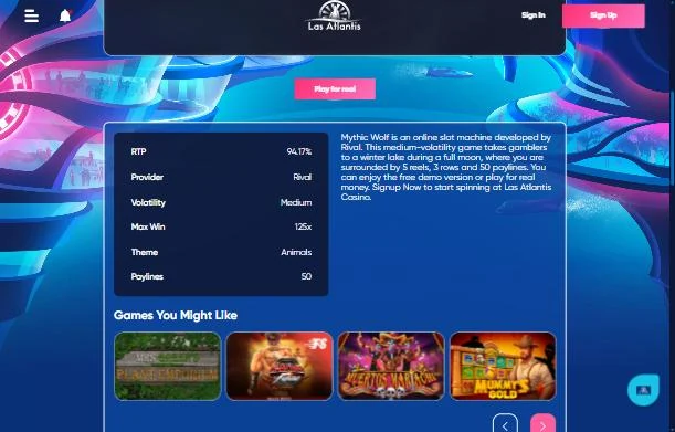 Mythic Wolf at Las Atlantis showing a 94.17% RTP and Rival as provider