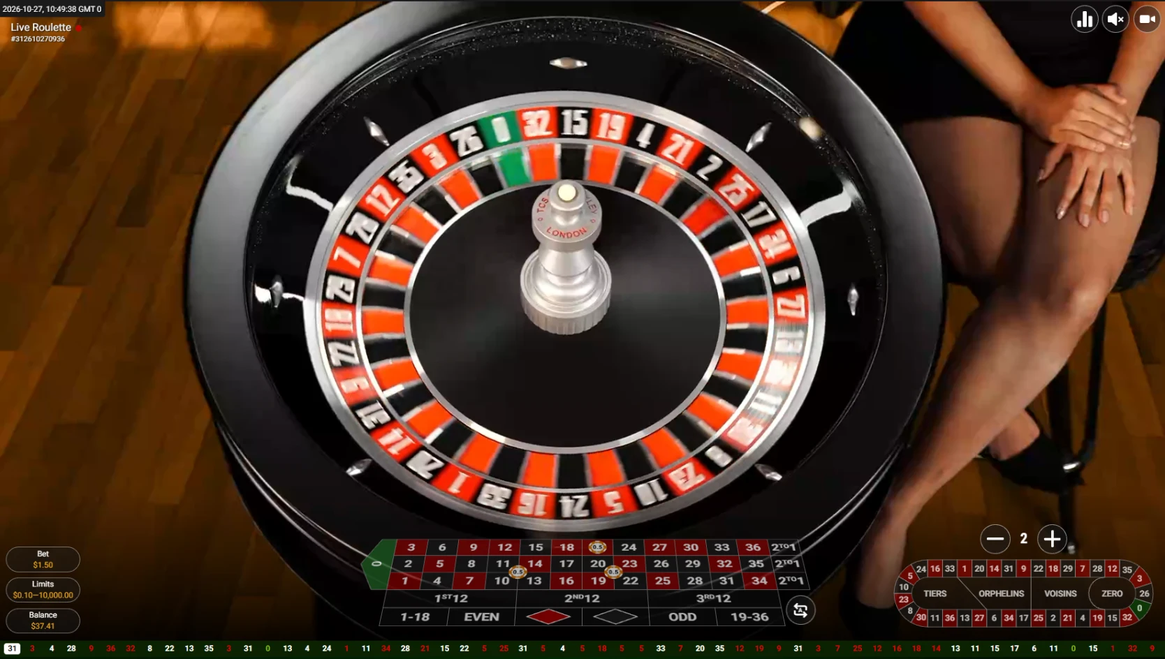 Live Roulette table at MyBookie with $0.10 to $10,000 limits
