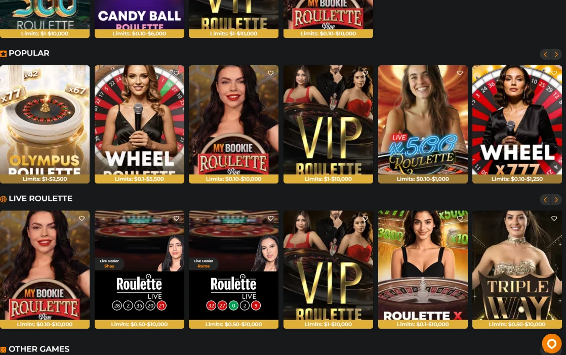 MyBookie live roulette lobby with table limits