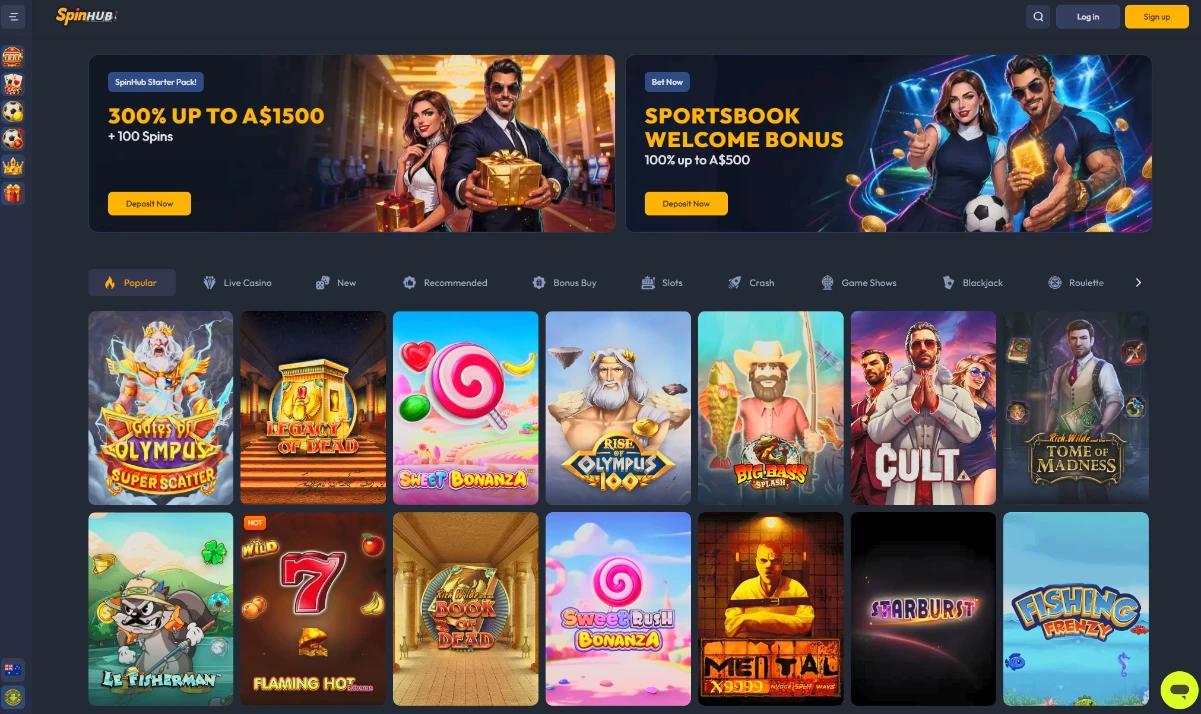SpinHub casino lobby with the Starter Pack, slots and sportsbook