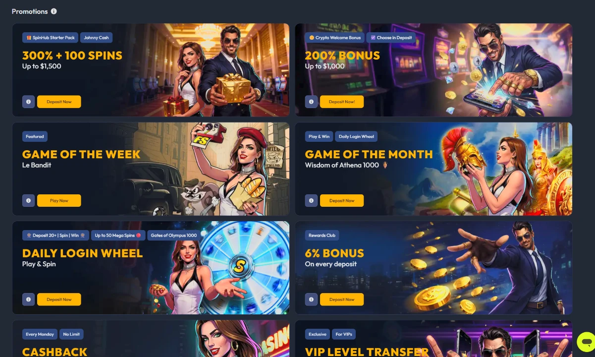 SpinHub promotions page with the Crypto Welcome Bonus and Rewards Club offers