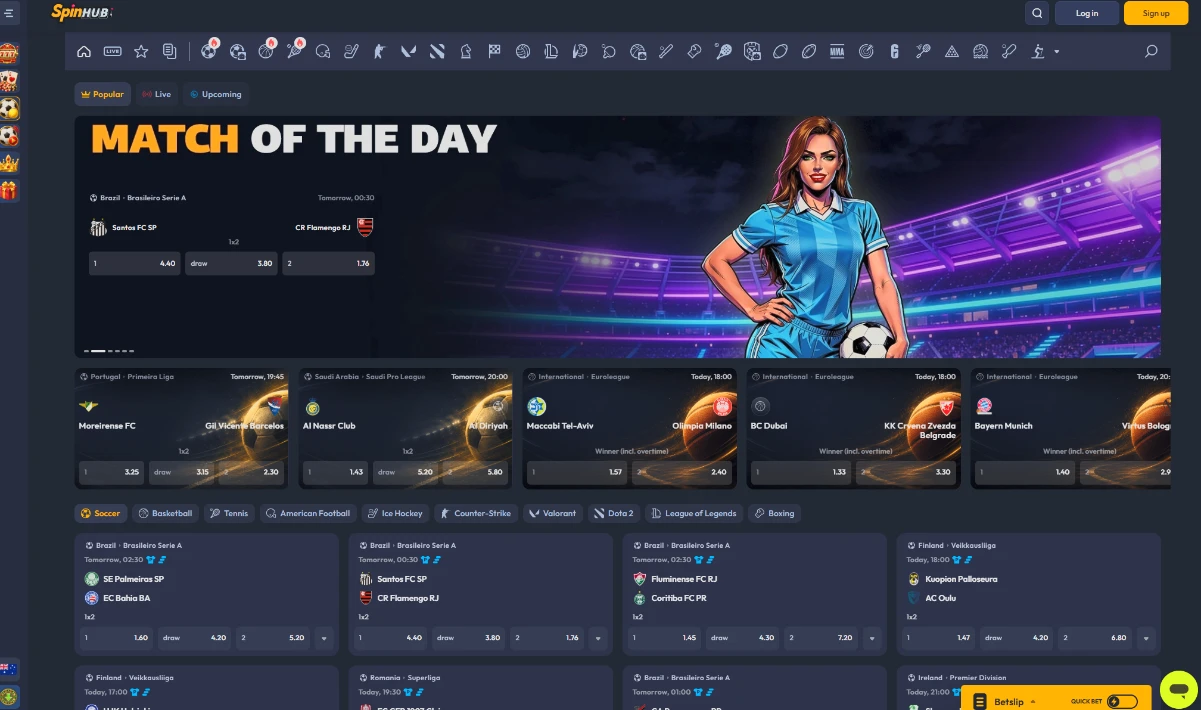 SpinHub sportsbook powered by BETBY with Match of the Day and live markets